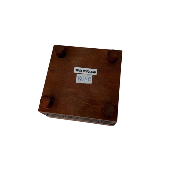 Vintage Polish Carved Wood Box Footed Jewelry Trinket Box with Red Felt Interior - Picture 8 of 9